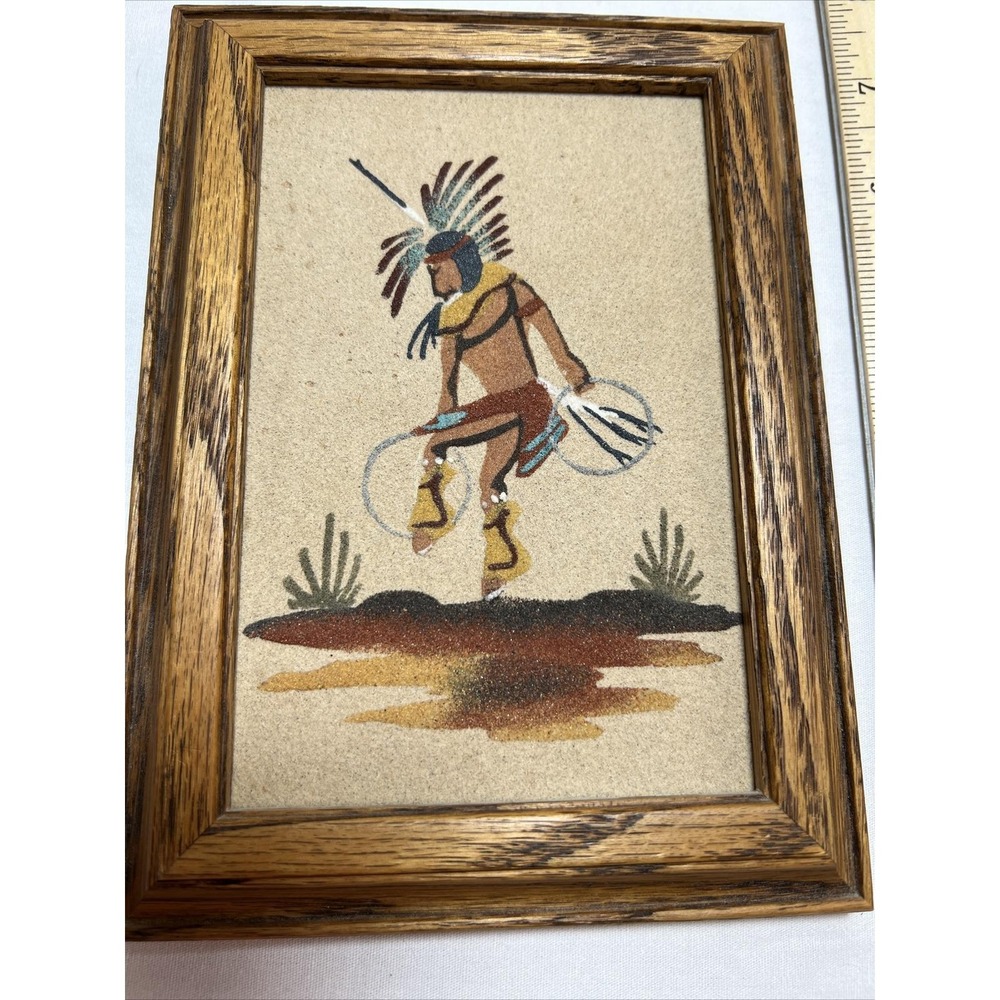 Hoop Dancer Native American Navajo Sand Art Wall Hanging Decor Framed Signed - Picture 5 of 6